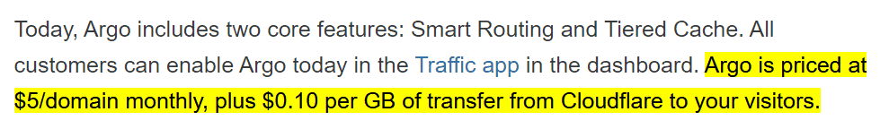 Cloudflare - pricing for the Argo service.