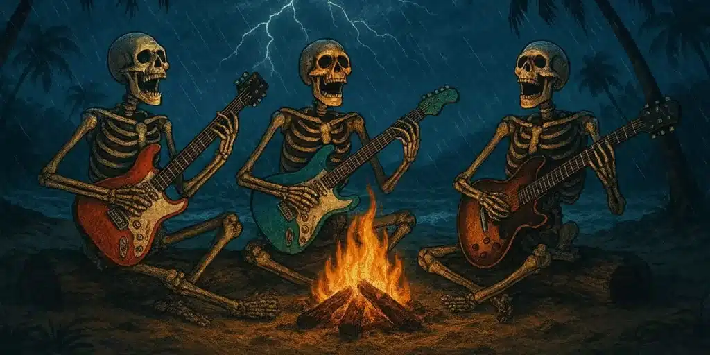 Infamous lamestream n00bs - Three skeletons around a fire on an island during a tropical storm