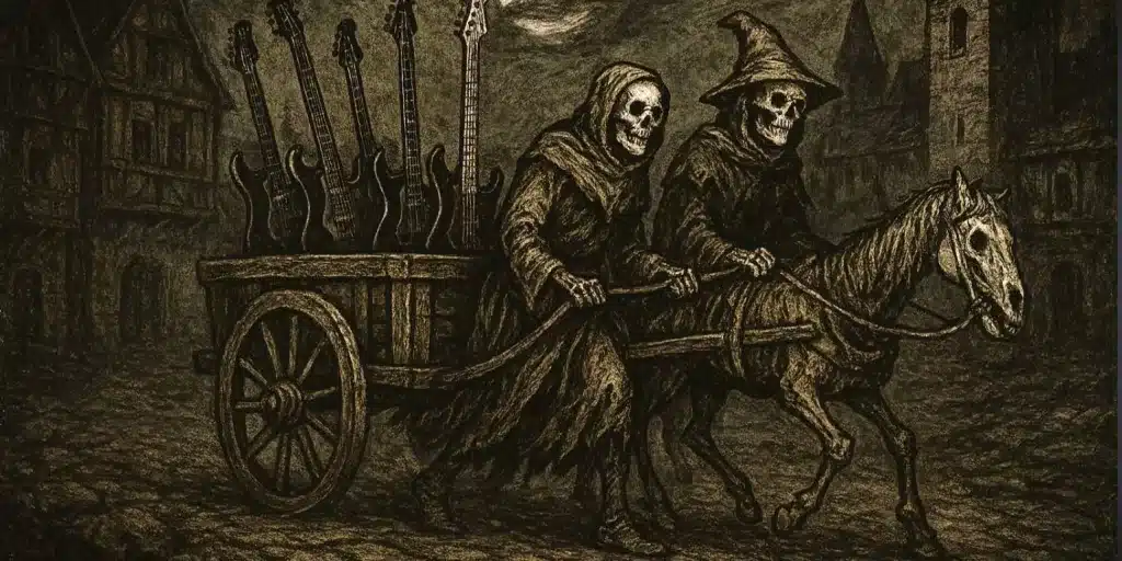 Blast from the Past 2025 - Two skeletons with a horse cart full of electric guitars.