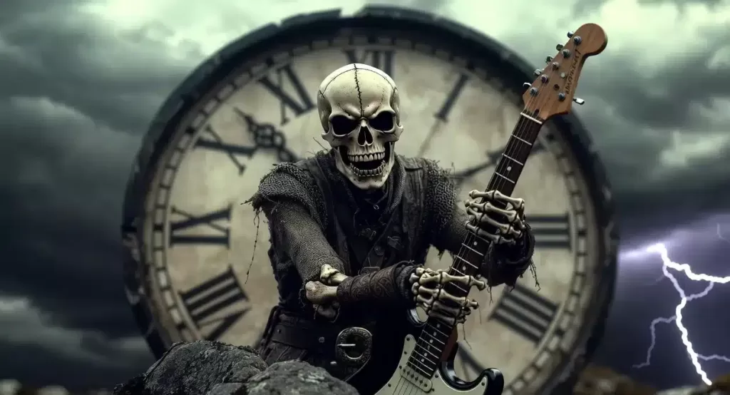 RMR's Top 10 2025 - Skeleton on a rock with electric guitar with a clock in the background.